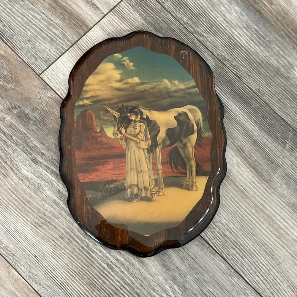 VINTAGE MYTHICAL UNICORN - LACQUERED WOOD ART WALL HANGING PLAQUE